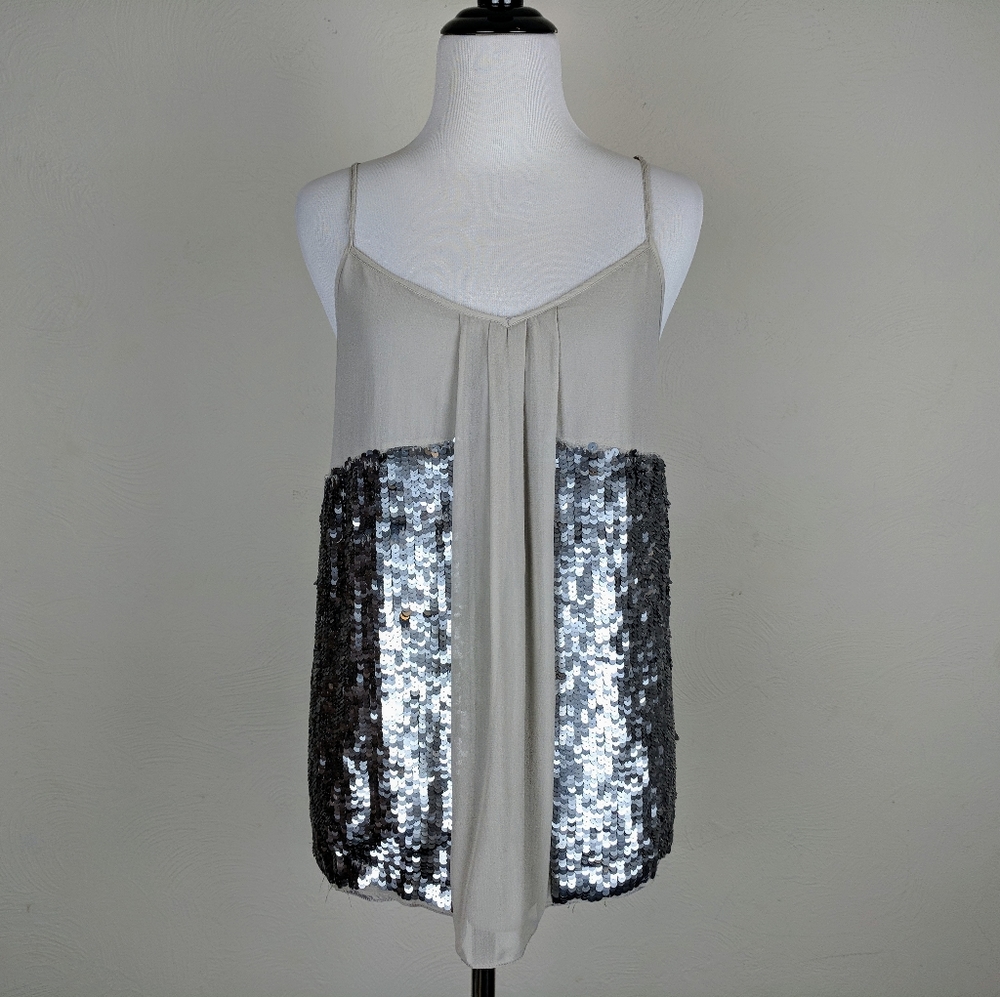 Joie Silvana Tank Top Taupe Silver Sequin Blouse Party Glam Neutral Y2K - Picture 2 of 7